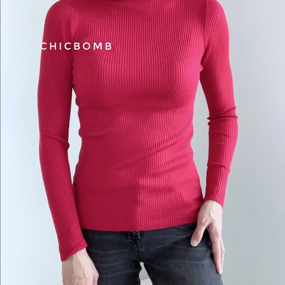 RED SLIM FIT RIBBED TURTLENECK TOP - Picture 8 of 14